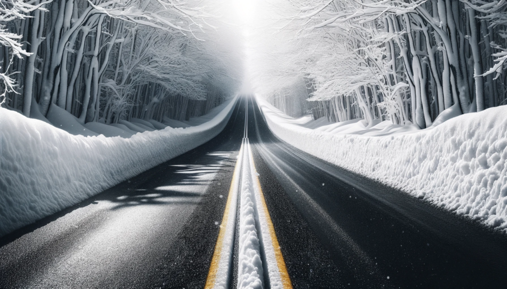 DALL·E 2023-11-20 15.17.39 - A high-quality image of a snowy road in horizontal format, focusing on the stark contrast between the white snow and the dark road. The scene should v